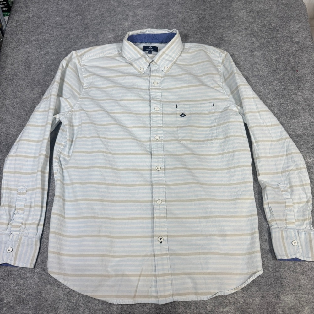 Sperry Mens XL Striped Button Down Shirt Blue Tan Cotton Long Sleeve 3286
